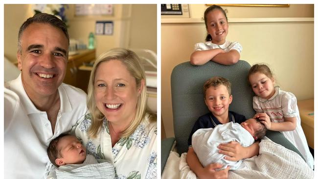 Premier Peter Malinauskas on November 20 with wife Annabel, and children Sophie, 8, Eliza, 3, and Jack, 6, with newborn George Robert Malinauskas. Picture: Supplied