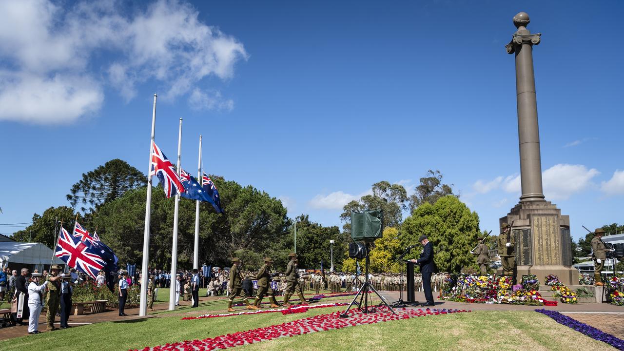 The changing of the Toowoomba Grammar School Honour Guard at the Anzac Day Toowoomba mid-morning Service of Remembrance at the Mothers' Memorial, Tuesday, April 25, 2023. Picture: Kevin Farmer