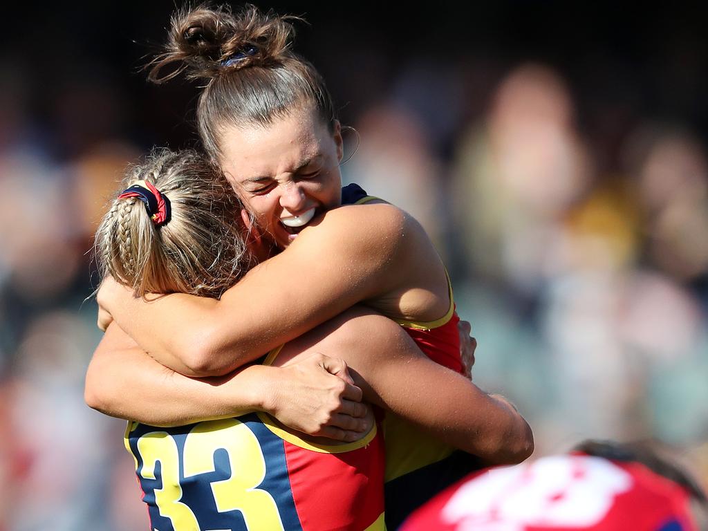 Ebony Marinoff hugs Anne Hatchard after making it through to the AFLW grand final. Picture: Sarah Reed/AFL Photos via Getty Images