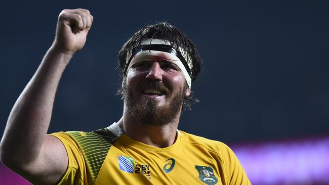 Kane Douglas celebrates after Australia beat England during the 2015 Rugby World Cup.