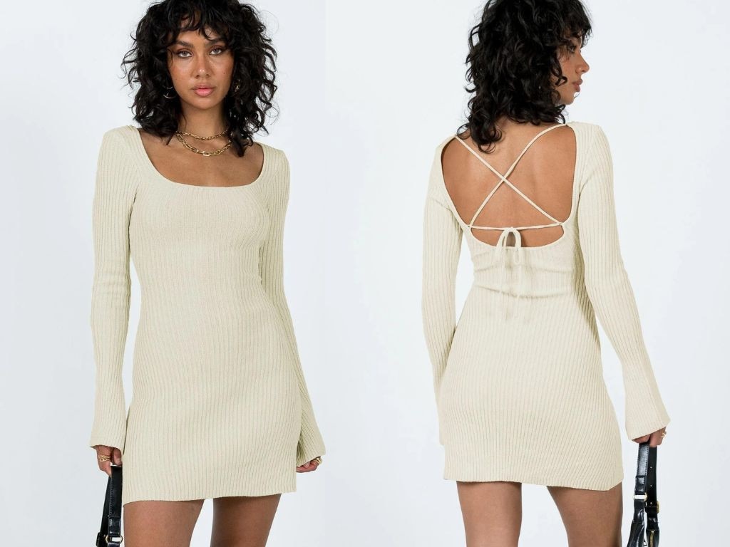 Brownhall Long Sleeve Mini Dress in Beige.