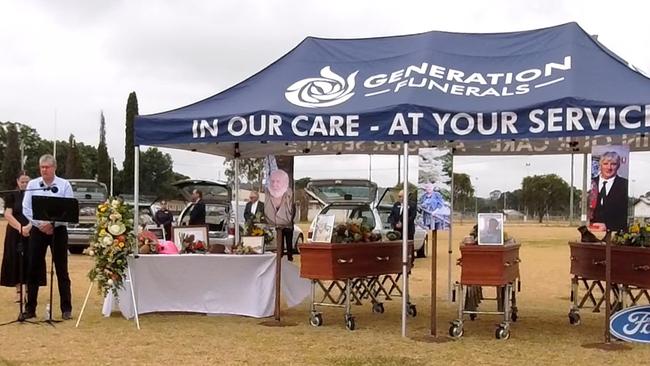 Hundreds of mourners gathered for the funeral service held on Monday at Kingaroy’s Lyle Vidler Oval. Pictures: Generation Funerals livestream