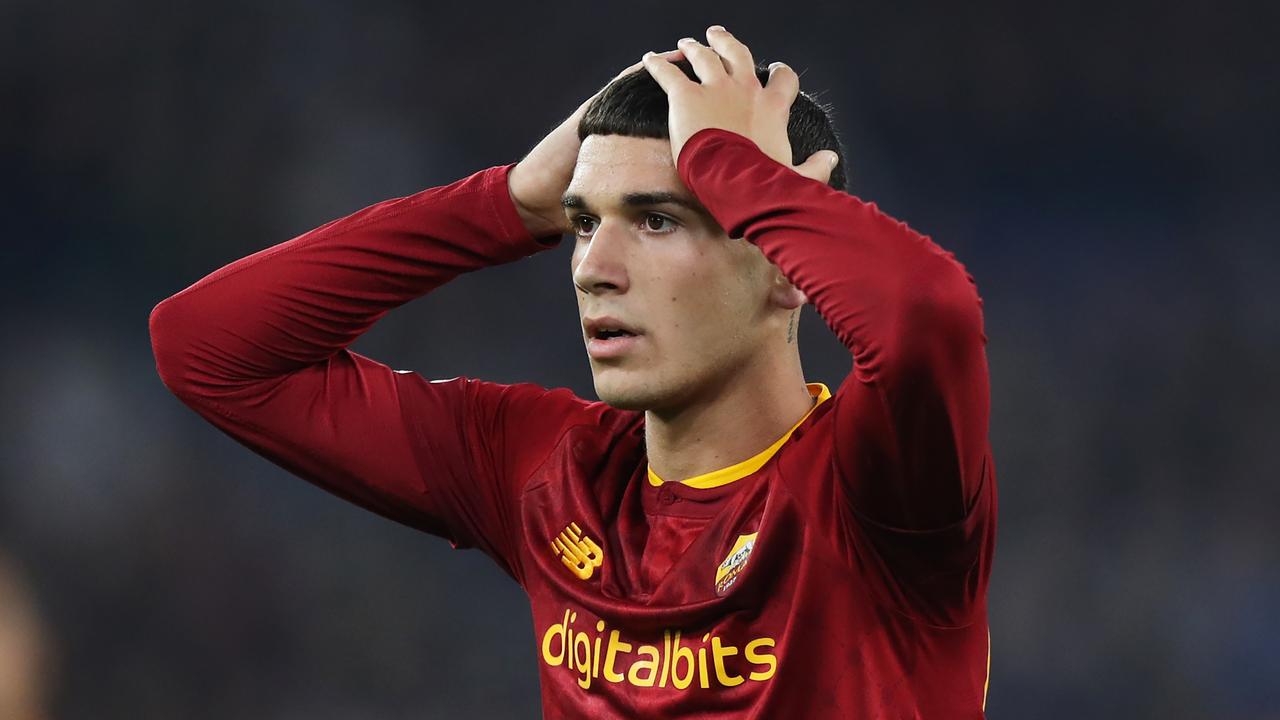 ROME, ITALY – NOVEMBER 06: Cristian Volpato of AS Roma reacts during the Serie A match between AS Roma and SS Lazio at Stadio Olimpico on November 06, 2022 in Rome, Italy. (Photo by Paolo Bruno/Getty Images)