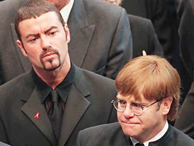 George Michael (L) and Elton John (R) leaving Westminster Abbey following the funeral service of Diana, Princess of Wales. Picture: AFP