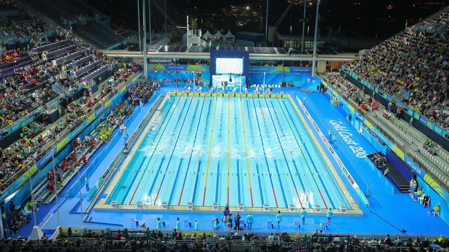 A general view as the crowd enjoy the atmosphere during the swimming on day one of the Gold Coast 2018 Commonwealth Games at the Aquatic Centre in Southport on April 5, 2018. Picture: Scott Barbour/Getty Images.