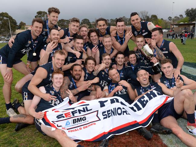 Berwick celebrates its SEFNL premiership last year. Picture: Chris Eastman/AAP