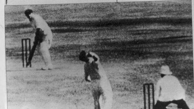 Harold Larwood bowls to Sir Donald Bradman during the 1932-33 Ashes series.