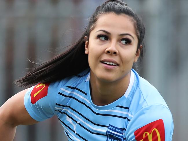 SYDNEY, AUSTRALIA - JUNE 18: Tiana Penitani passes during the New South Wales State of Origin media opportunity at NSWRL Centre of Excellence, on June 18, 2021 in Sydney, Australia. (Photo by Matt King/Getty Images)