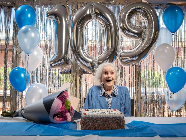 16-01-2025 Jean Reynolds turned 109 on January 16 Opal Aged Care in Highton. Picture: Brad Fleet