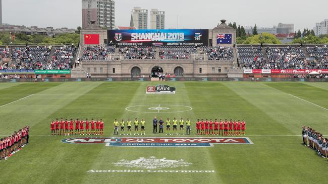 Port Adelaide and St Kilda players line up before last season’s round 11 clash at Shanghai’s Jiangwan Stadium. Picture: Michael Willson (AFL Photos)