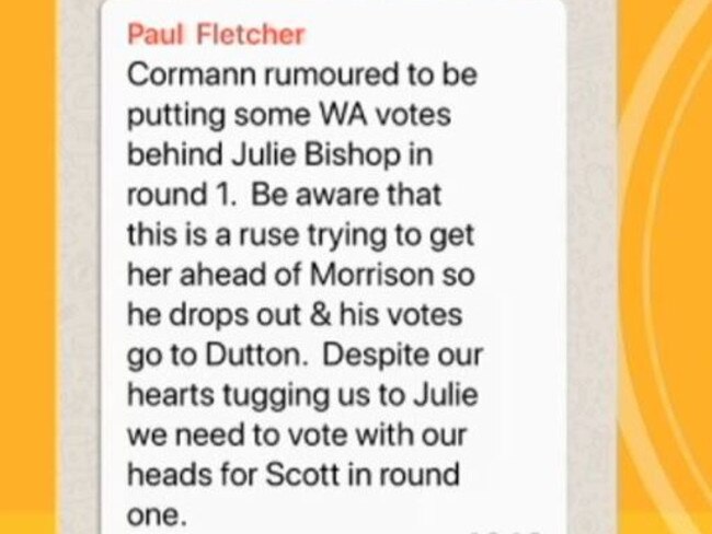 ABC Insiders was leaked a Whatsapp message regarding the vote for Julie Bishop in last weeks leadership spill. Picture: ABC Insiders