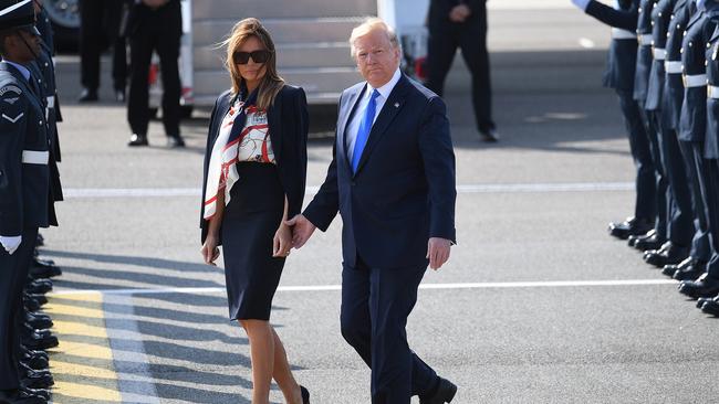LONDON, ENGLAND - JUNE 03:  US President Donald Trump and First Lady Melania Trump arrive at Stansted Airport on June 3, 2019 in London, England. President Trump's three-day state visit will include lunch with the Queen, and a State Banquet at Buckingham Palace, as well as business meetings with the Prime Minister and the Duke of York, before travelling to Portsmouth to mark the 75th anniversary of the D-Day landings. (Photo by Leon Neal/Getty Images)