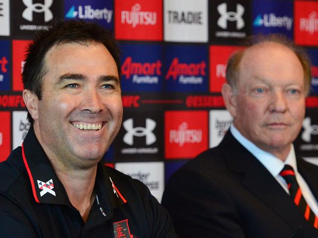 MELBOURNE, AUSTRALIA – NewsWire Photos SEPTEMBER 30TH, 2022: Newly-appointed senior coach Brad Scott, with Essendon President David Barham, speaking to the media at the NEC Hangar. Picture: NCA NewsWire / Nicki Connolly