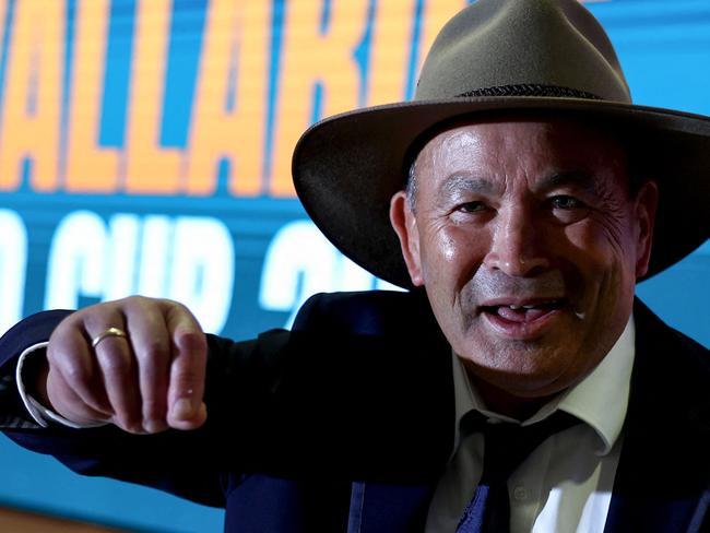 Australiaâs rugby team head coach Eddie Jones speaks to media at the Sydney International Airport on August 17, 2023, as the team prepares to depart for the 2023 Rugby World Cup in France. (Photo by David GRAY / AFP) / -- IMAGE RESTRICTED TO EDITORIAL USE - STRICTLY NO COMMERCIAL USE --