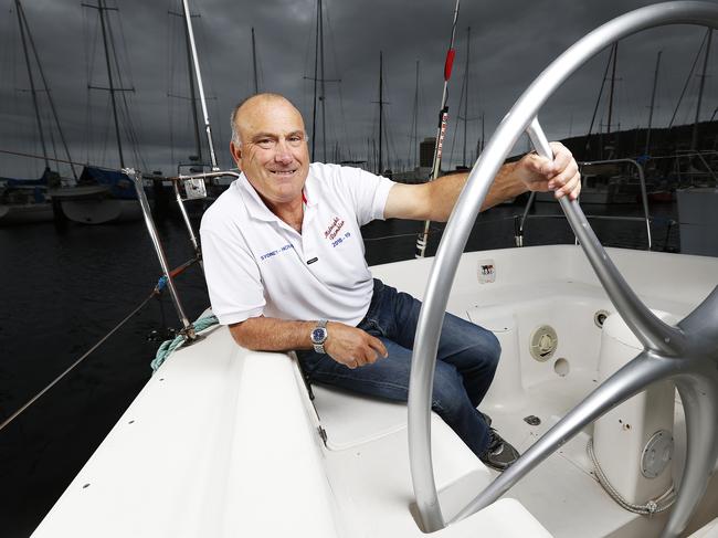 Sydney to Hobart veteran Ed Psaltis with his boat Midnight Rambler. Picture: ZAK SIMMONDS