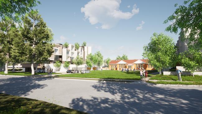 The park in front of the restored primary school, which would become a community space, in the Windermere Bay Precinct project.