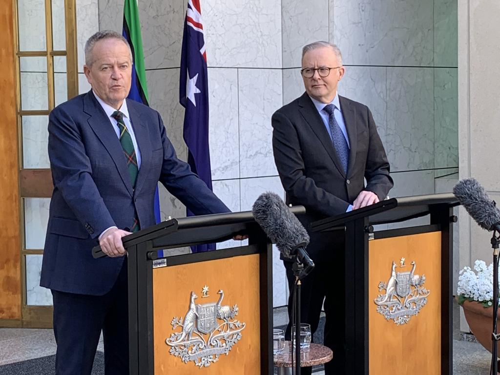 Mr Shorten announces his retirement alongside Mr Albanese. Picture: NewsWire