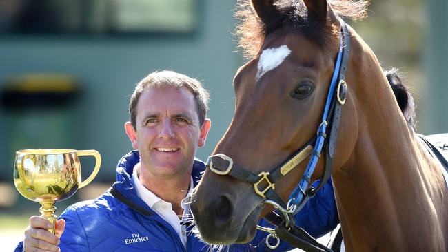 Charlie Appleby will consider a Melbourne Cup defence with Cross Counter even though the four-year-old will carry 6.5kg more. Picture: Nicole Garmston