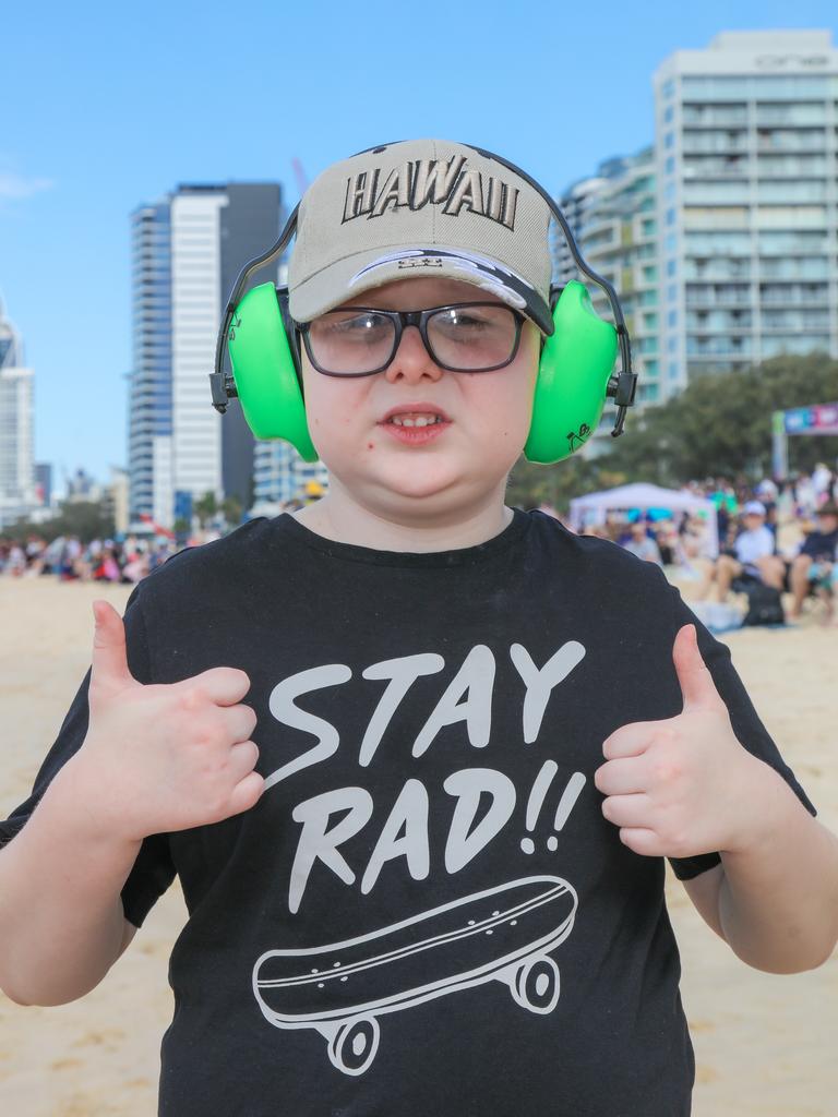 Xavier Greatoris enjoying the inaugural Pacific Air Show over Surfers Paradise. Picture: Glenn Campbell