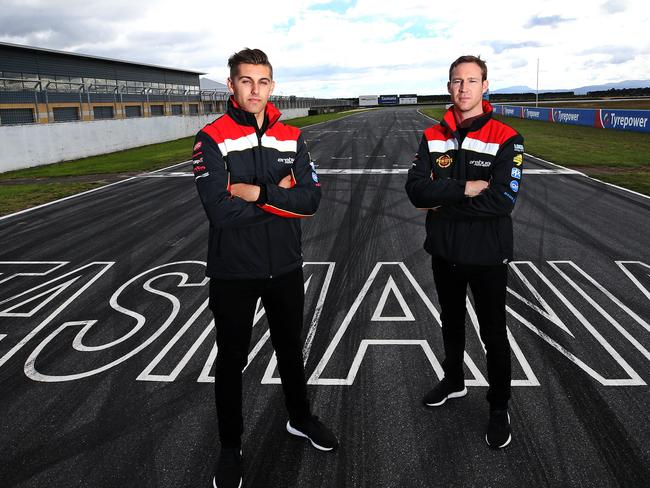 Supercar drivers Anton de Pasquale, left, and teammate David Reynolds get a headstart on preparations for racing at Symmons Plains. Picture: CHRIS KIDD