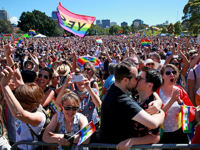 Love wins: Marriage Equality supporters celebrate at Prince Alfred Park in Surry Hills. Picture: Toby Zerna