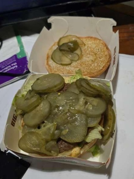 Facebook user Ava-Leigh Johnston posted a picture of the Big Mac she ordered from the McDonald’s fast-food restaurant in Ingham. Ms Johnston was not impressed with what one social-media user said was a ‘pickle burger’. Picture: Supplied