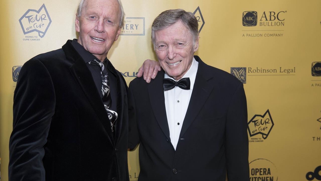 Paul Hogan and John Cornell on the red carpet attending the Tour De Cure Snow Ball at The Star Ballroom Sydney in 2017