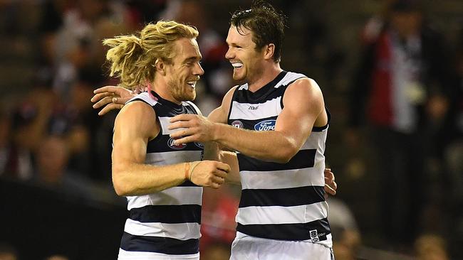 Cameron Guthrie and Patrick Dangerfield (AAP Image/Julian Smith)