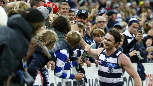 AFL: Round 6 — Geelong V Gold Coast Suns at Simonds Stadium. Patrick Dangerfield with the Geelong fans. 30th April 2016. Picture: Colleen Petch.