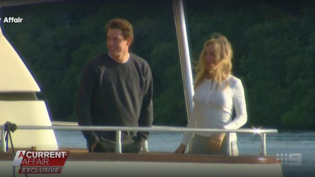 Hannah Fox and Vallance Simonds on the deck of the luxury superyacht. Picture: Channel 9/ACA