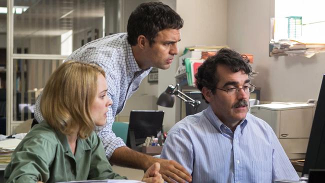 Religious shame ...  McAdams, as Sacha Pfeiffer, Mark Ruffalo as Michael Rezendes and Brian d’Arcy James as Matt Carroll investigate the child sex abuse scandal in Spotlight.