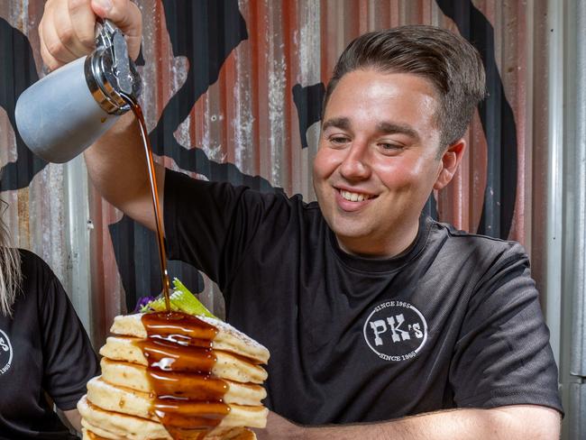 Mitchell Sariovski and partner Lauren Bent at their recently purchased, Pancake Kitchen in Adelaide CBD. Pictured on Jan 31st 2025. Picture: Ben Clark