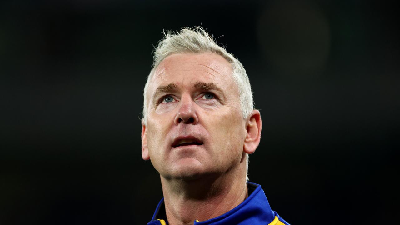 MELBOURNE, AUSTRALIA - JUNE 23: Adam Simpson, Senior Coach of the Eagles looks on after losing the round 15 AFL match between Essendon Bombers and West Coast Eagles at Marvel Stadium, on June 23, 2024, in Melbourne, Australia. (Photo by Quinn Rooney/Getty Images)