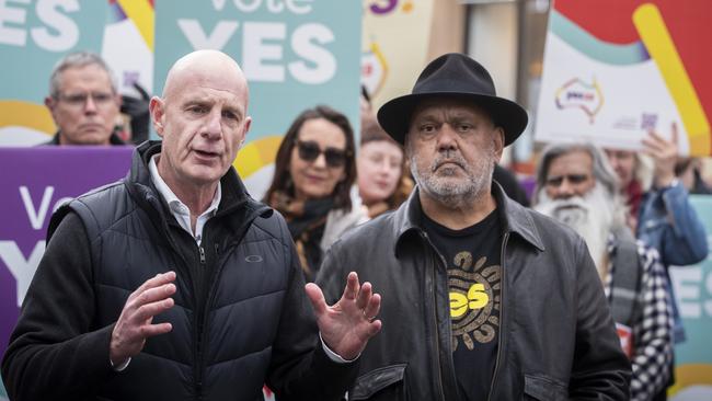 Former Tasmanian Liberal Premier Peter Gutwein joins leading Yes campaigner Noel Pearson at Elizabeth Street Mall, Hobart, on Monday. Picture: Chris Kidd