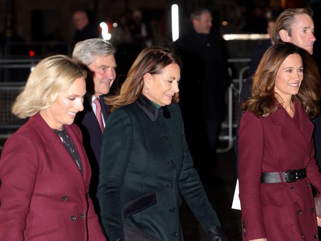 Princess Catherine’s family — parents Michael Middleton, Carole Middleton, sister Pippa Middleton and brother-in-law James Matthews — with royal cousin Zara Tindall. Picture: Getty Images