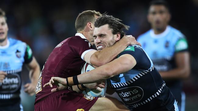 Angus Crichton takes on the Queensland defence. Picture: Brett Costello