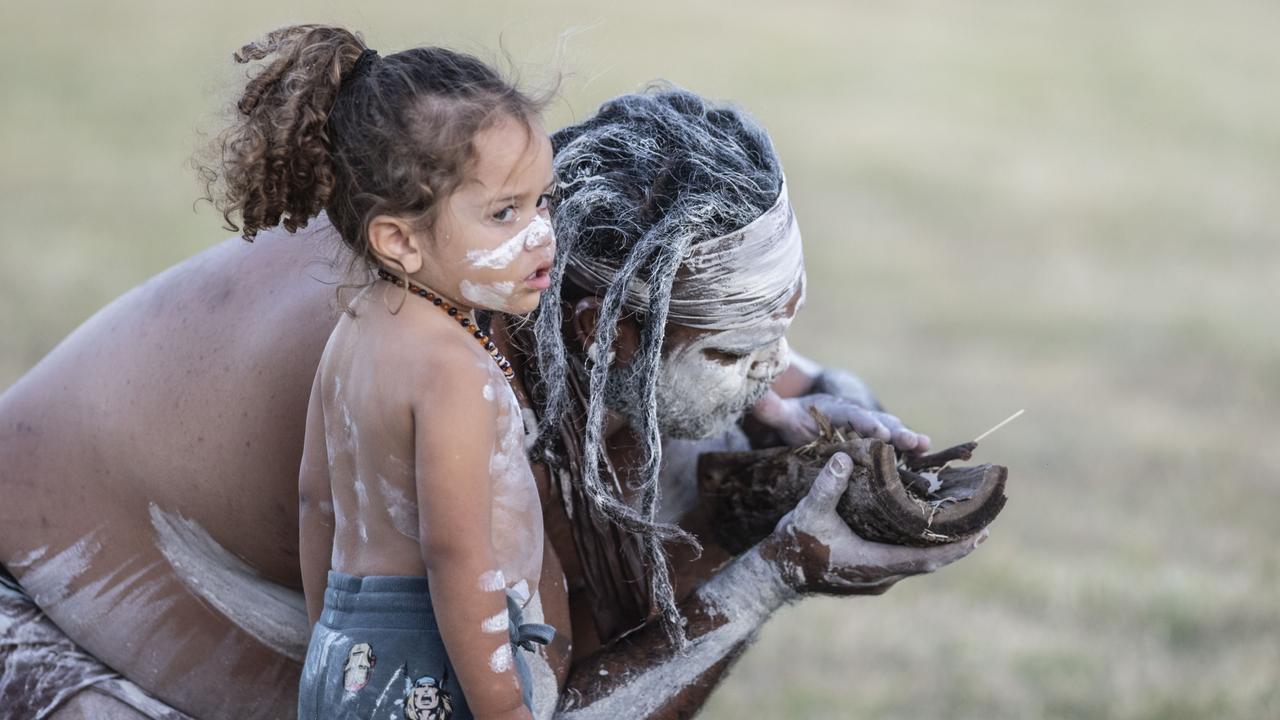 Niyardu McCarthy and Thulaida take part in the smoking ceremony and dance by Murabirigururu Aboriginal Dancers. 2023 TRL Cultural Cup, SW Qld Emus vs Pacific Nations Toowoomba. Saturday, February 25, 2023. Picture: Nev Madsen.