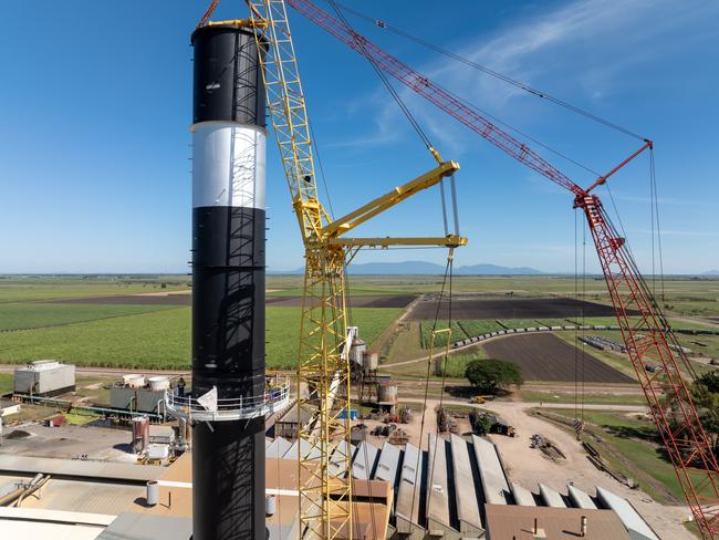 The last of five sections of the $12 million, 72-metre boiler stack at Kalamia Mill was lifted into place in May, 2025. Picture: Cameron Laird