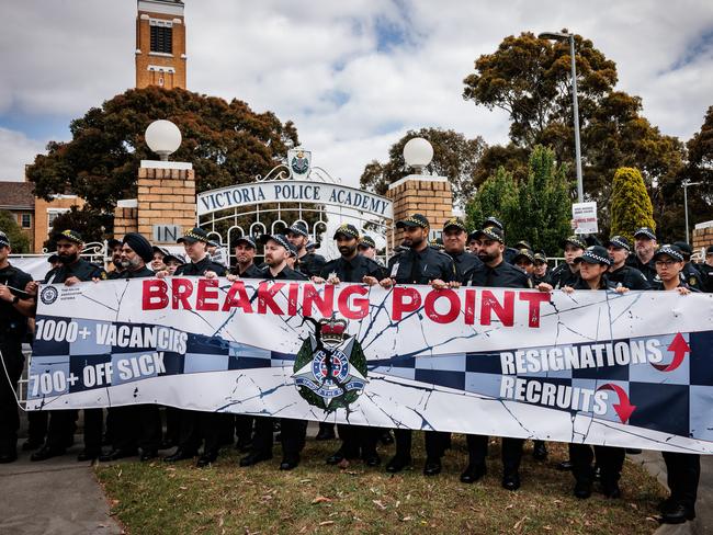 Victorian police stage a walkout protest at the Victorian Police Academy in Glen Waverley. Picture: Nadir Kinani