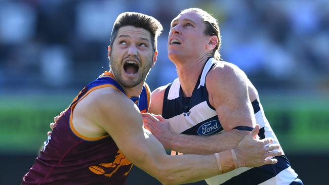 Stefan Martin and Mark Blicavs battle it out in Round 22 this year. Picture: AAP Image/Darren England