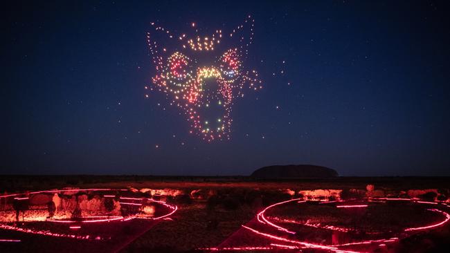 Wintjiri Wiru opened at Ayers Rock Resort on Tuesday night. Credit: Anangu share the Mala story, from Kaltukatjara to Uluru, through a drone, sound and light show designed and produced by RAMUS.