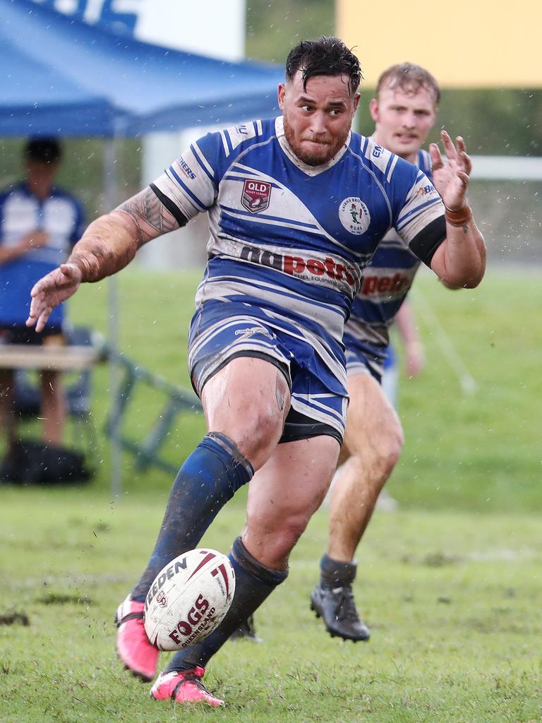 Brothers' Jordan Biondi-Odo kicks in the Cairns and District Rugby League (CDRL) match between the Cairns Brothers and the Mossman-Port Douglas Sharks, held at Stan Williams Park, Manunda. Picture: Brendan Radke