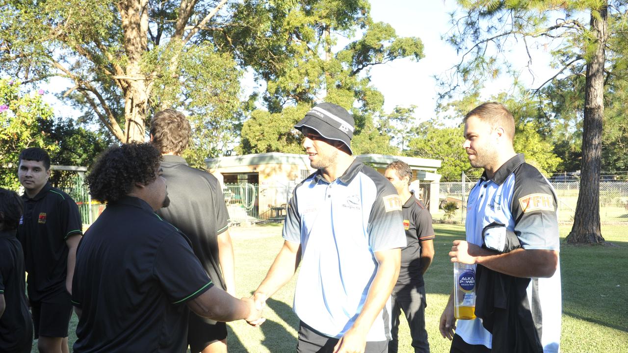 Tre Mercy meets Cronulla Sharks players Shaun Johnson, Wade Graham and Will Chambers who were visiting Orara High School. Sharks major sponsor Aramex made a $5000 donation to the Clontarf Foundation which operates at the school.