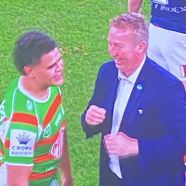 South Sydney star Latrell Mitchell exchanges pleasantries with former coach Trent Robinson after the Sydney Roosters beat the Rabbitohs in their Round 25 clash. Credit: Twitter.