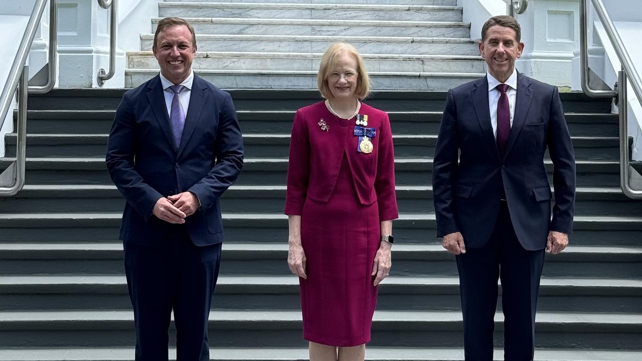 New Queensland Premier Steven Miles, Governor Jeannette Young and Deputy Premier Cameron Dick.