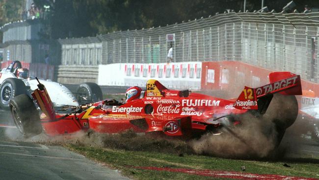 1998: Gold Coast Indy Race 18/10/98:US driver JIMMY VASSER crashes out of the Gold Coast Indy race on lap 38 of 62. VASSER was unhurt in the crash. Pic by John Morris