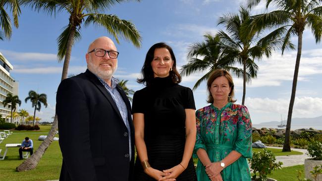 Dr John Coyne with Townsville Enterprise CEO Claudia Brumme-Smith and Mt Isa Mayor Peta MacRae at the Mining and Resources Forum at The Ville. Picture: Evan Morgan