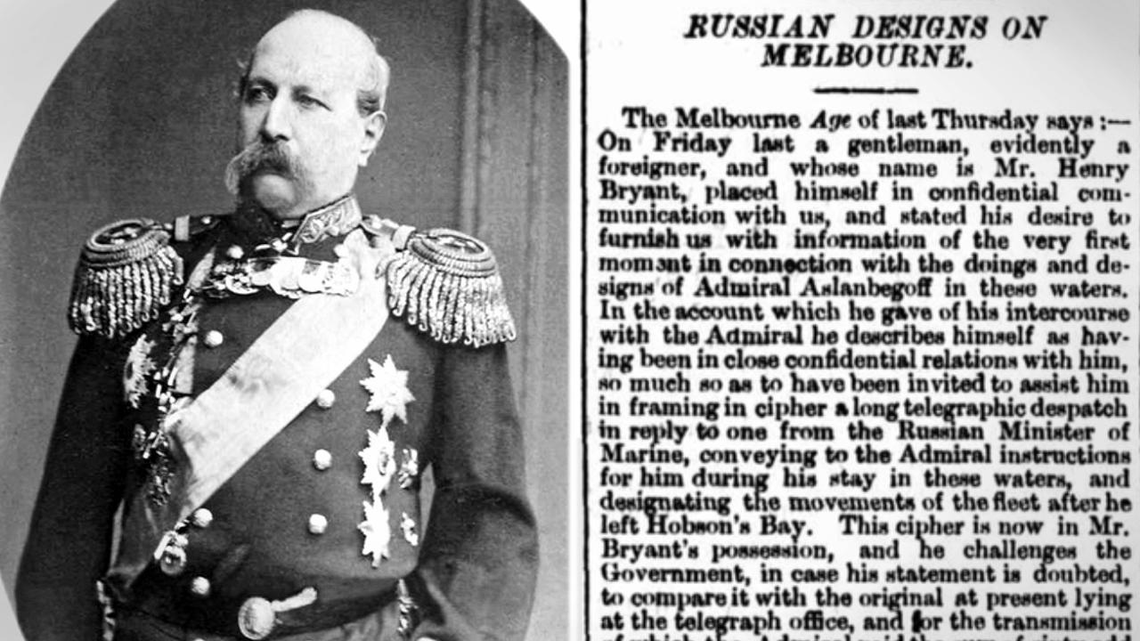 Russian Admiral Aslanbegoff, who led a naval visit to Australia in 1882, and one of the press articles heralding a Russian invasion. Pictures: State Library of Victoria, Trove