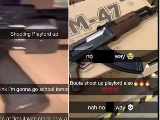 Three alleged Snapchat shooting threats made across Sunday and Monday and targeting Playford International College. Pictures: Supplied