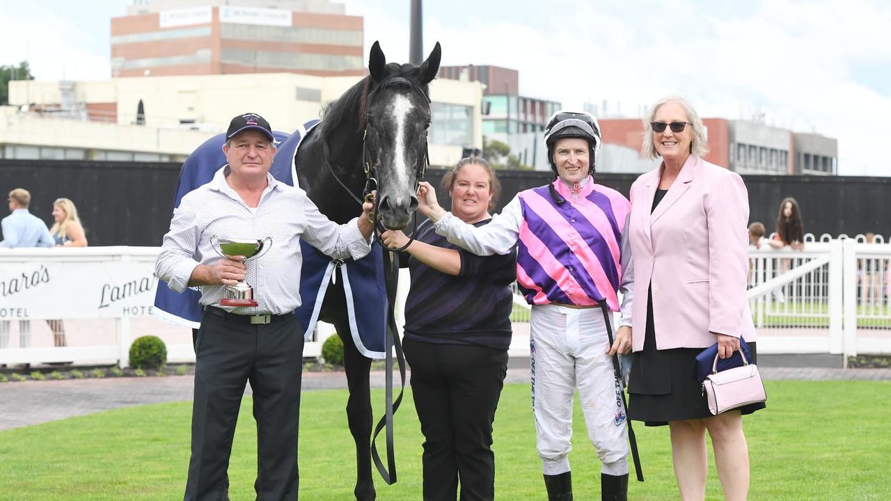 Shane and Cassie Oxlade celebrate with Sghirripa after the Christmas Stakes. Picture: Brett Holburt-Racing Photos